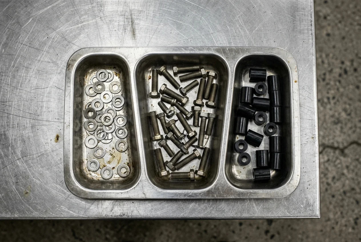 Bolts, washers and spacers in separate trays