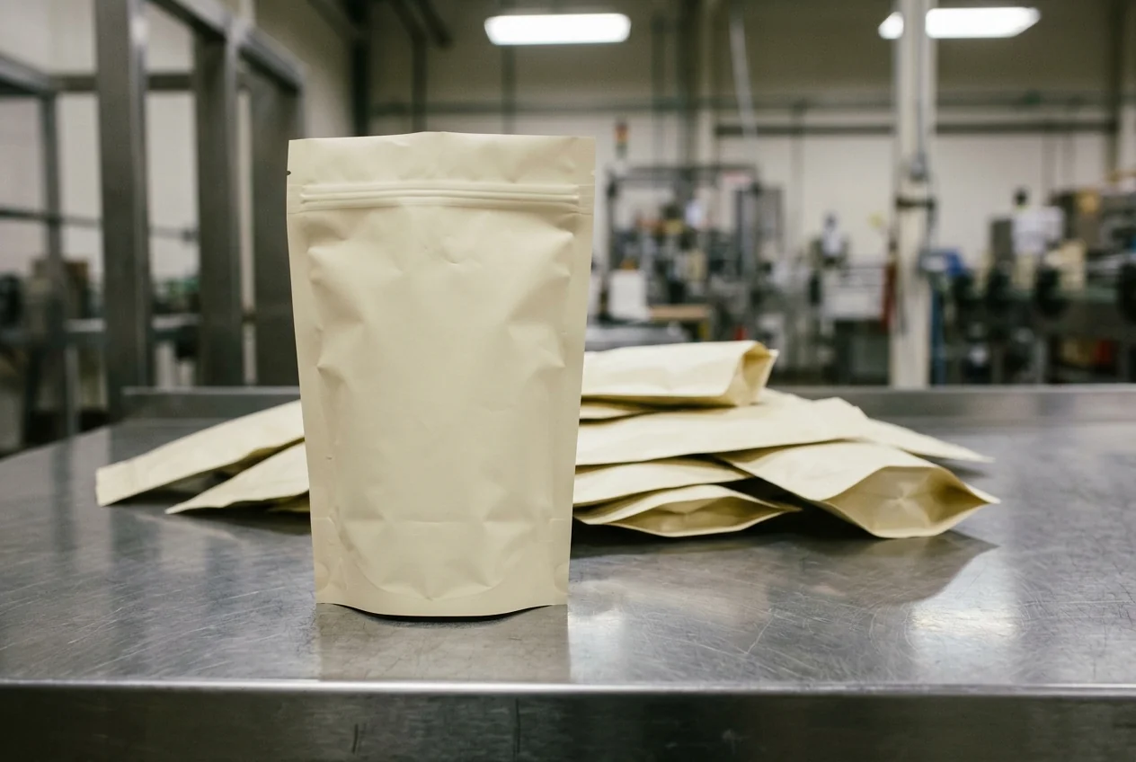 Standing converted pouch with a loose stack of flat pouches