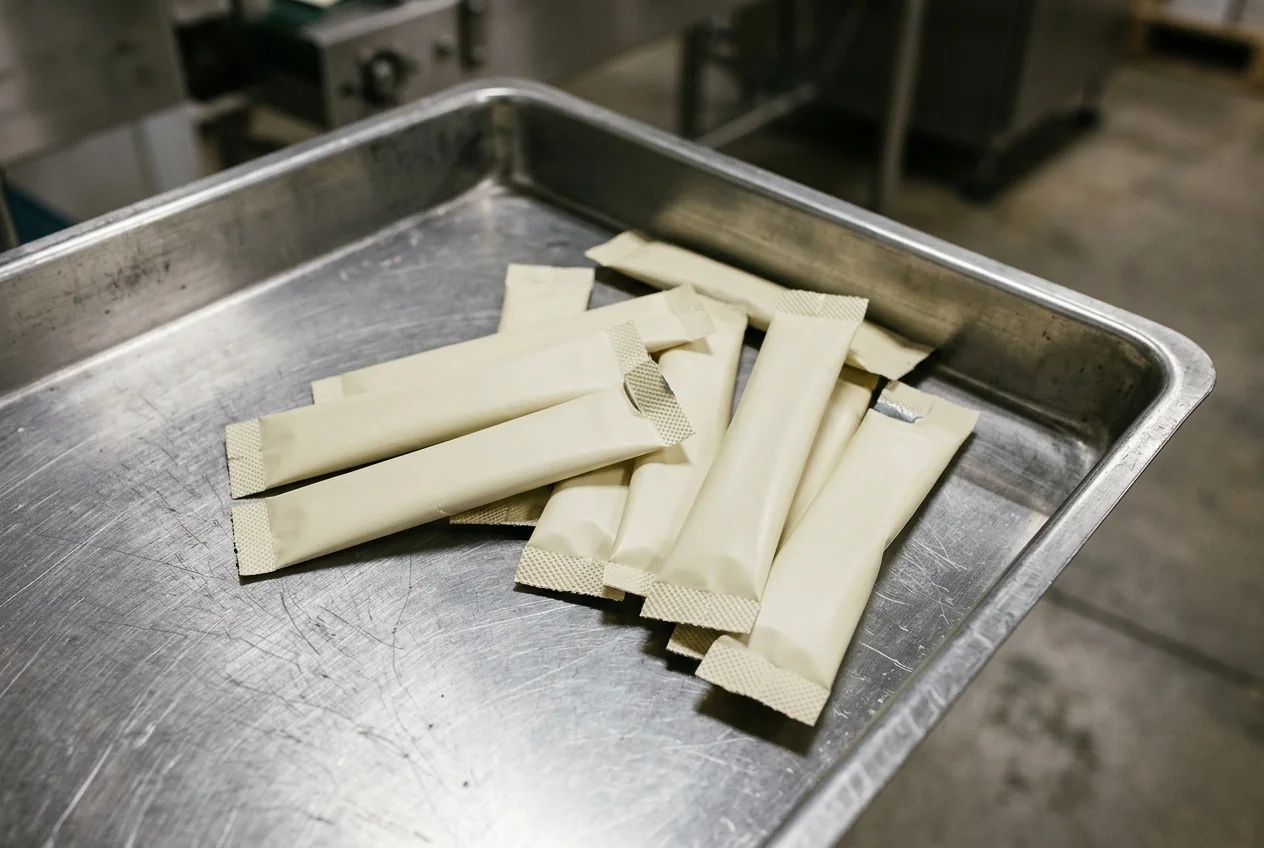 Stick packs in a discharge tray